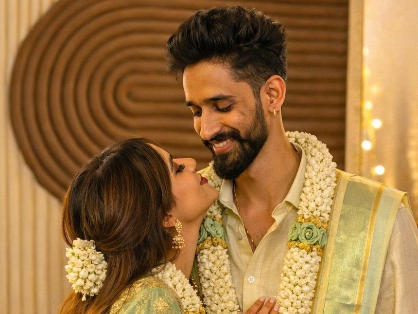 Ramya and Lathendra in their engagement outfits
